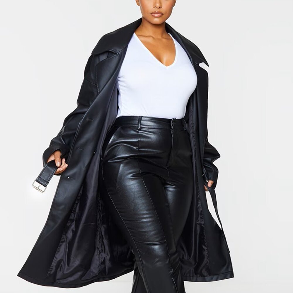 Pretty Little Thing Plus Black Faux Leather Drop Arm Midi Trench Size 14 NWT